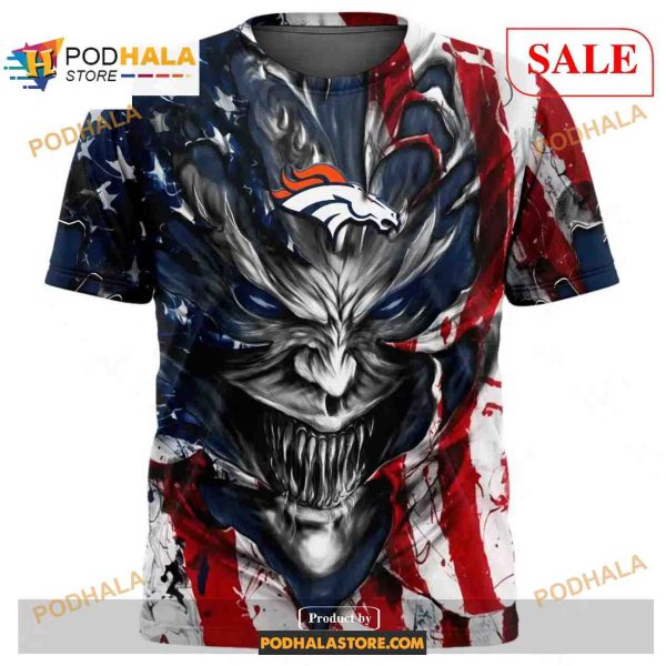 Custom NFL Denver Broncos Demon Face American Flag Shirt Hoodie 3D