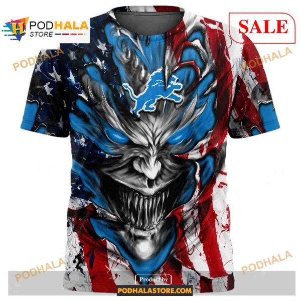 Custom NFL Detroit Lions Demon Face American Flag Shirt Hoodie 3D