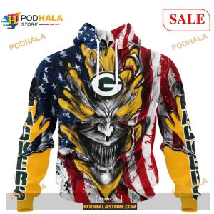 Custom NFL Green Bay Packers Demon Face American Flag Shirt Hoodie 3D 1