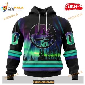 Custom NHL New York Islanders With Northern Lights Shirt Hoodie 3D 1