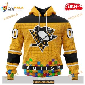 Custom NHL Pittsburgh Penguins Kits Hockey Fights Against Autism Yellow Design Shirt Hoodie 3D 1