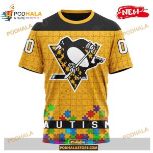 Custom NHL Pittsburgh Penguins Kits Hockey Fights Against Autism Yellow Design Shirt Hoodie 3D 3