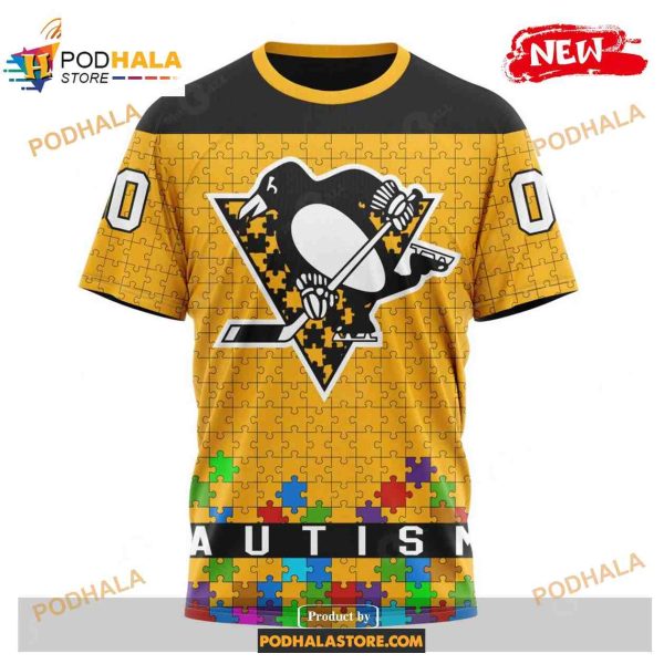 Custom NHL Pittsburgh Penguins Kits Hockey Fights Against Autism Yellow Design Shirt Hoodie 3D