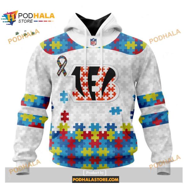 Custom Name Cincinnati Bengals Autism Puzzle Game White Shirt NFL Hoodie 3D