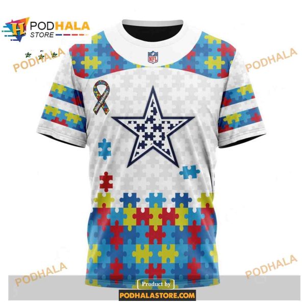Custom Name Dallas Cowboys Autism Puzzle Game White Shirt NFL Hoodie 3D