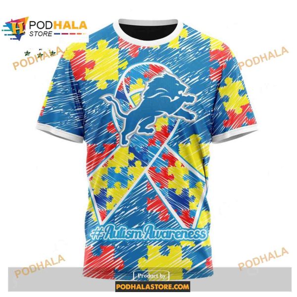 Custom Name Detroit Lions Autism Puzzle Game Stripes Design Shirt NFL Hoodie 3D