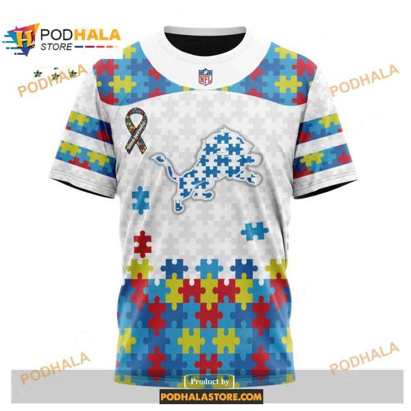Custom Name Detroit Lions Autism Puzzle Game White Shirt NFL Hoodie 3D