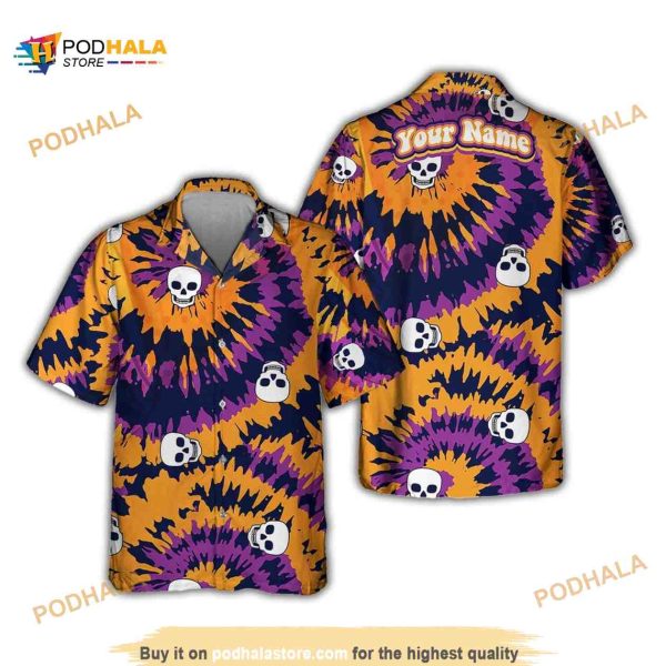 Custom Name Groovy Tie Dye Skull Halloween Hawaiian Shirt