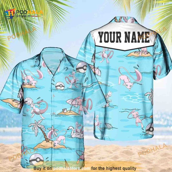 Custom Name Mewtwo Pokemon Hawaiian Shirt, Anime Mew Button Up Shirt