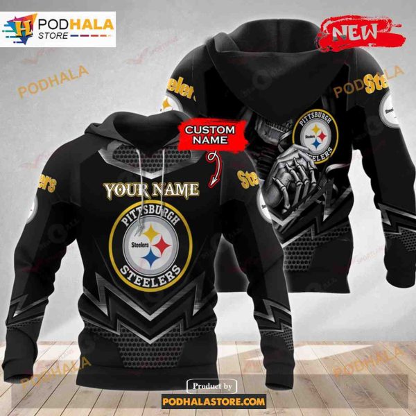 Custom Name Pittsburgh Steelers Black Skull Design Shirt NFL Hoodie 3D