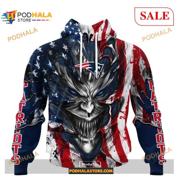 Custom New England Patriots Demon Face American Flag Shirt NFL Hoodie 3D