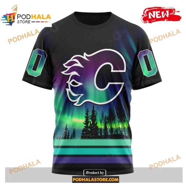 Custom NHL Calgary Flames With Northern Lights Shirt Hoodie 3D