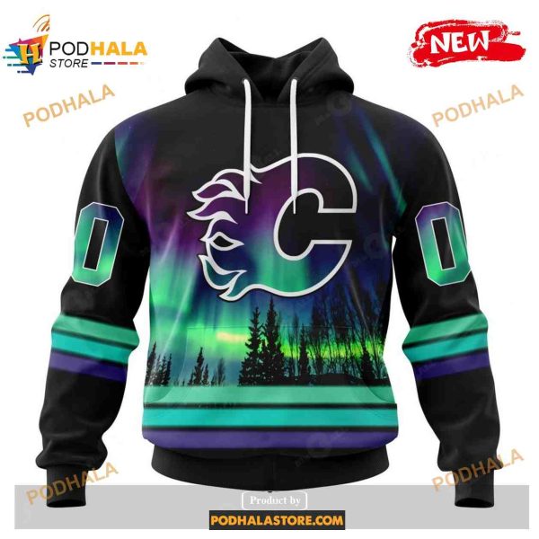 Custom NHL Calgary Flames With Northern Lights Shirt Hoodie 3D