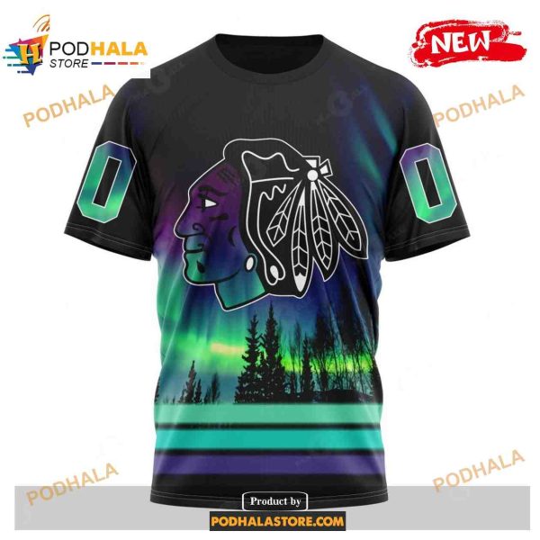 Custom NHL Chicago Blackhawks With Northern Lights Shirt Hoodie 3D