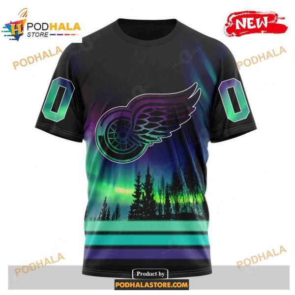 Custom NHL Detroit Red Wings With Northern Lights Shirt Hoodie 3D