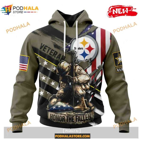 Custom Pittsburgh Steelers Honor Veterans Kneeling Soldier Design Shirt NFL Hoodie 3D