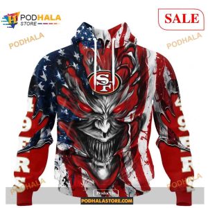 Custom San Francisco 49ers Demon Face American Flag Shirt NFL Hoodie 3D 1