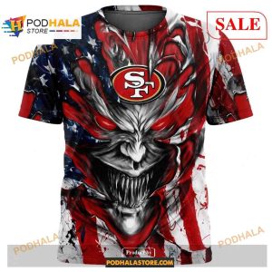 Custom San Francisco 49ers Demon Face American Flag Shirt NFL Hoodie 3D 2