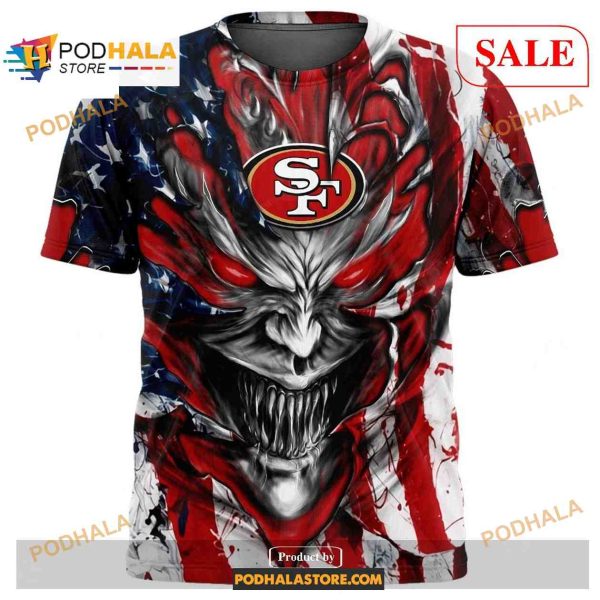 Custom San Francisco 49ers Demon Face American Flag Shirt NFL Hoodie 3D