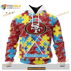 Custom San Francisco 49ers Special Autism Puzzle Game Stripes Design NFL Hoodie 3D 1