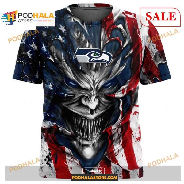 Custom Seattle Seahawks Demon Face American Flag Shirt NFL Hoodie 3D