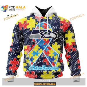 Custom Seattle Seahawks Special Autism Puzzle Game Stripes Design NFL Hoodie 3D 1