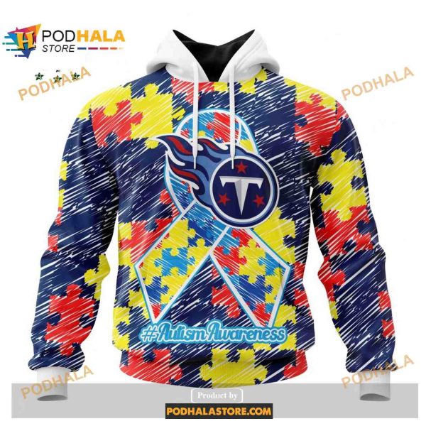 Custom Tennessee Titans Special Autism Puzzle Game Stripes Design NFL Hoodie 3D