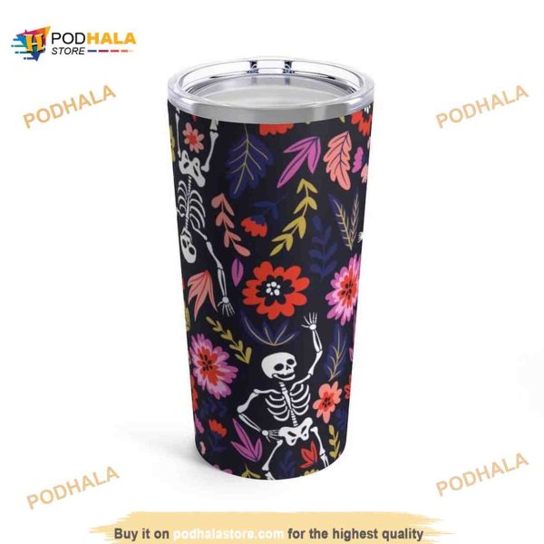 Cute Happy Halloween Skeleton With Colorful Flowers Coffee Tumbler