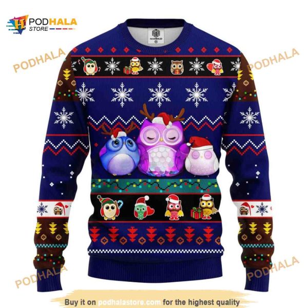 Cute Owl Night Noel Mc Christmas Funny Ugly Sweater 3D Blue