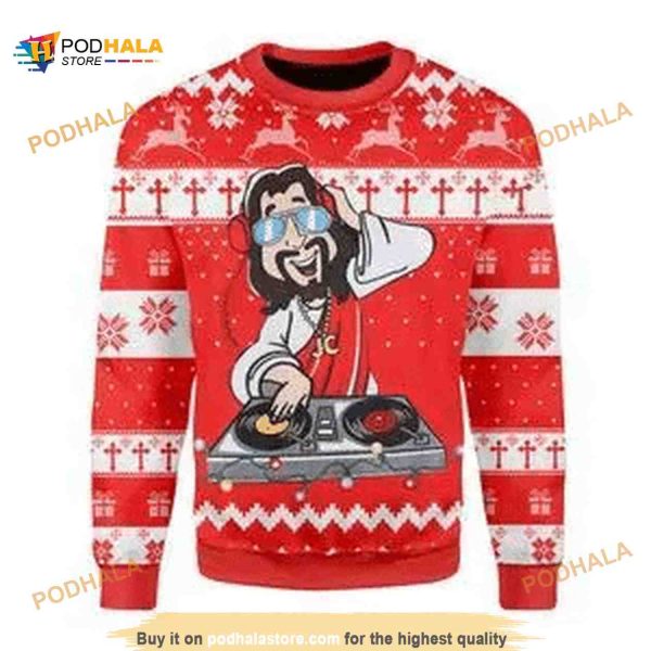 DJ Jesus Ugly Christmas Funny Ugly Sweater 3D All Over Print