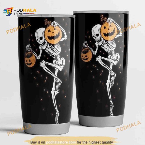 Dancing Pumpkin Skeleton Cute Skeleton Funny Halloween Coffee Tumbler