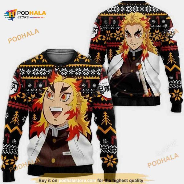 Demon Slayer Kimetsu No Yaiba Anime Rengoku Kyoujurou Xmas Wool Knitted Ugly Sweater