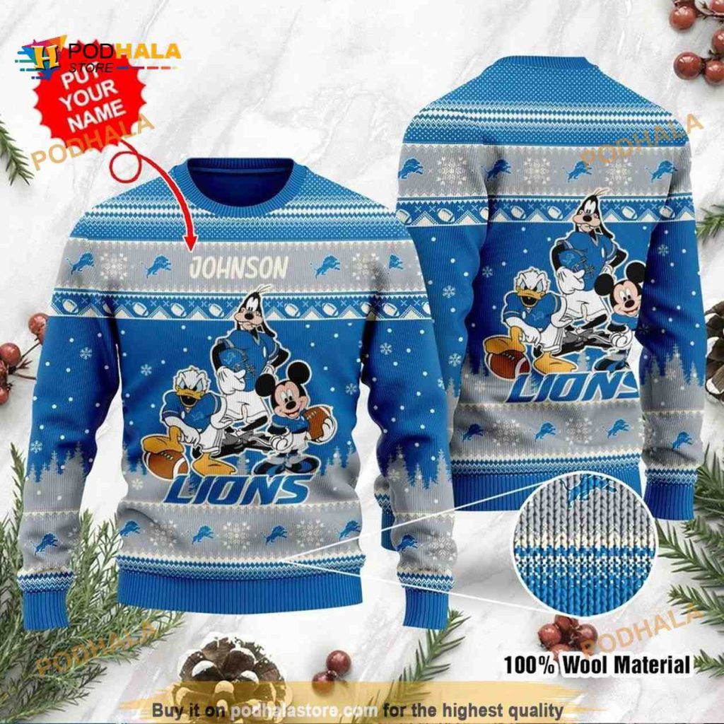Custom Name Detroit Lions Team X Disney Ugly Xmas Sweater