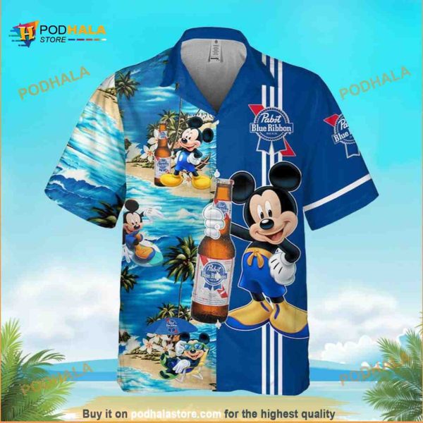 Disney Hawaiian Shirt Mickey Mouse Pabst Blue Ribbon Beer