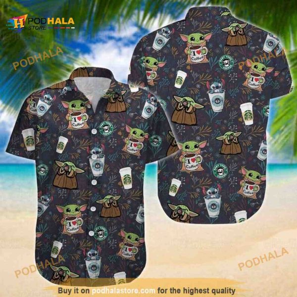 Disney Stitch And Baby Yoda Star Wars Drinking Coffee Hawaiian Shirt