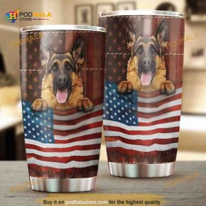 Dog German Shepherd With American Flag Stainless Steel Cup Coffee Tumbler