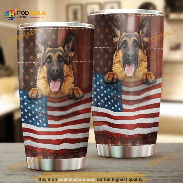 Dog German Shepherd With American Flag Stainless Steel Cup Coffee Tumbler
