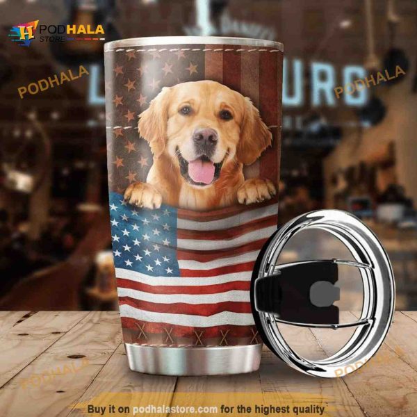 Dog Golden Retriever Dog With American Flag Stainless Steel Cup Coffee Tumbler