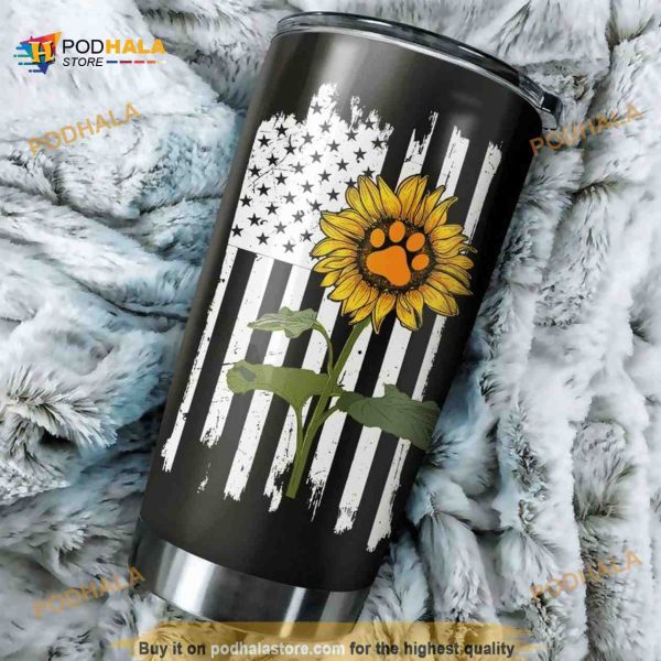 Dog Paw On Sunflower America Flag Stainless Steel Cup Coffee Tumbler