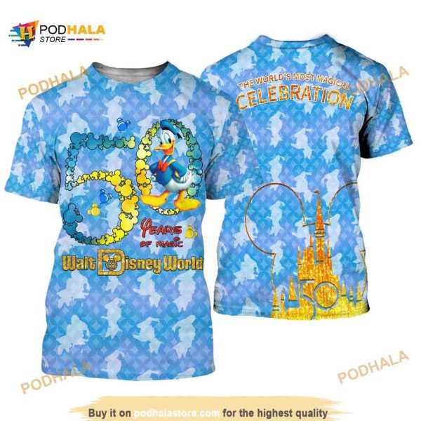 Donald Duck Blue Patterns Castle Mickey Head Disney 50th Anniversary Shirt