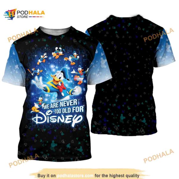 Donald Duck Never Too Old For Blue Black Disney Cartoon Outfits Unisex Casual Shirt 3D