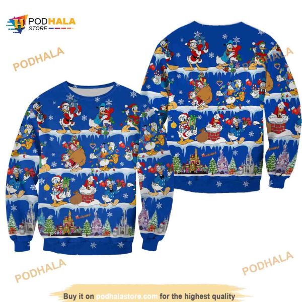 Donald Duck Pattern Xmas Blue 2023 Christmas Disney Ugly Christmas All Over Printed Sweater