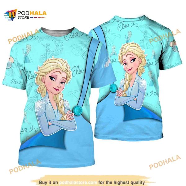 Elsa Princess Frozen Blue Button Overalls Patterns Disney Unisex Shirt 3D