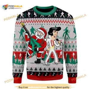 Elvis Presley With Santa Claus Team Up Chirstmas Ugly Wool Sweater