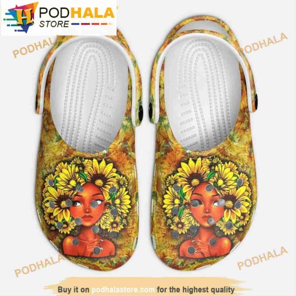 Floral American Afro Black Girl Sunflower Crocband 3D Crocs