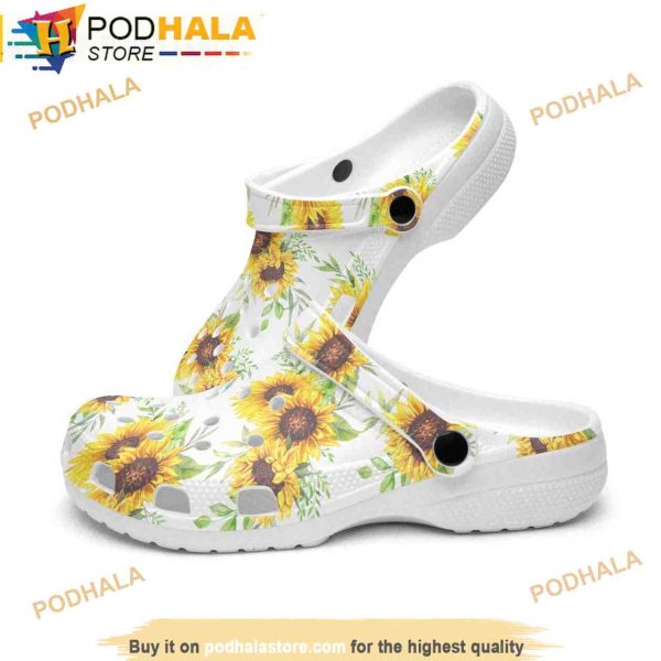 Floral Retro Groovy Vibes Peace Flowers Sunflowers White Background 3D Crocs