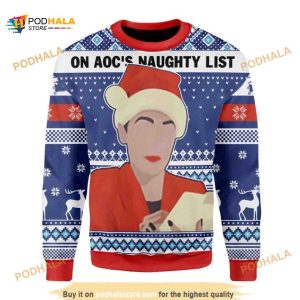 Funny Gearhomies On AOC’s Naughty List Xmas Wool Ugly Sweater