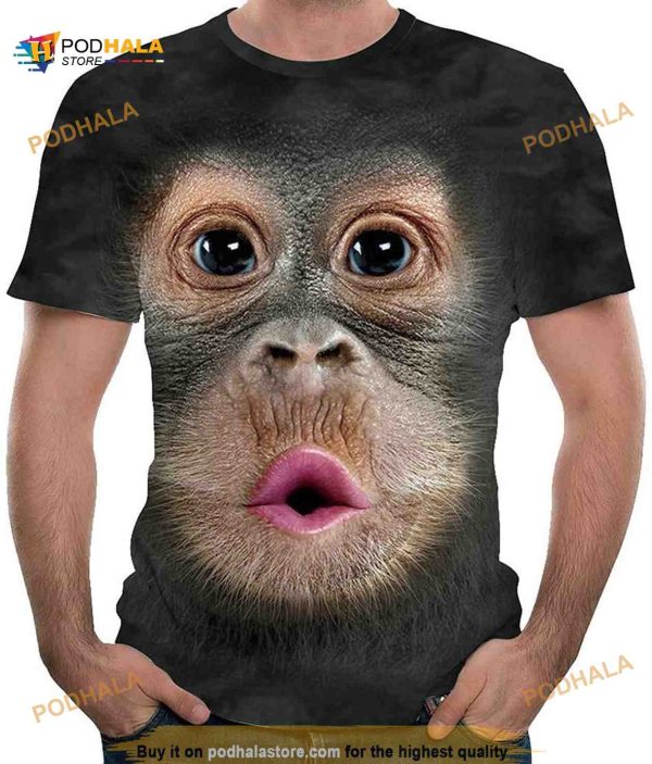 Funny Monkey 3D Shirt, Men Fun Gorilla Monkey Printed Crew Neck Tee