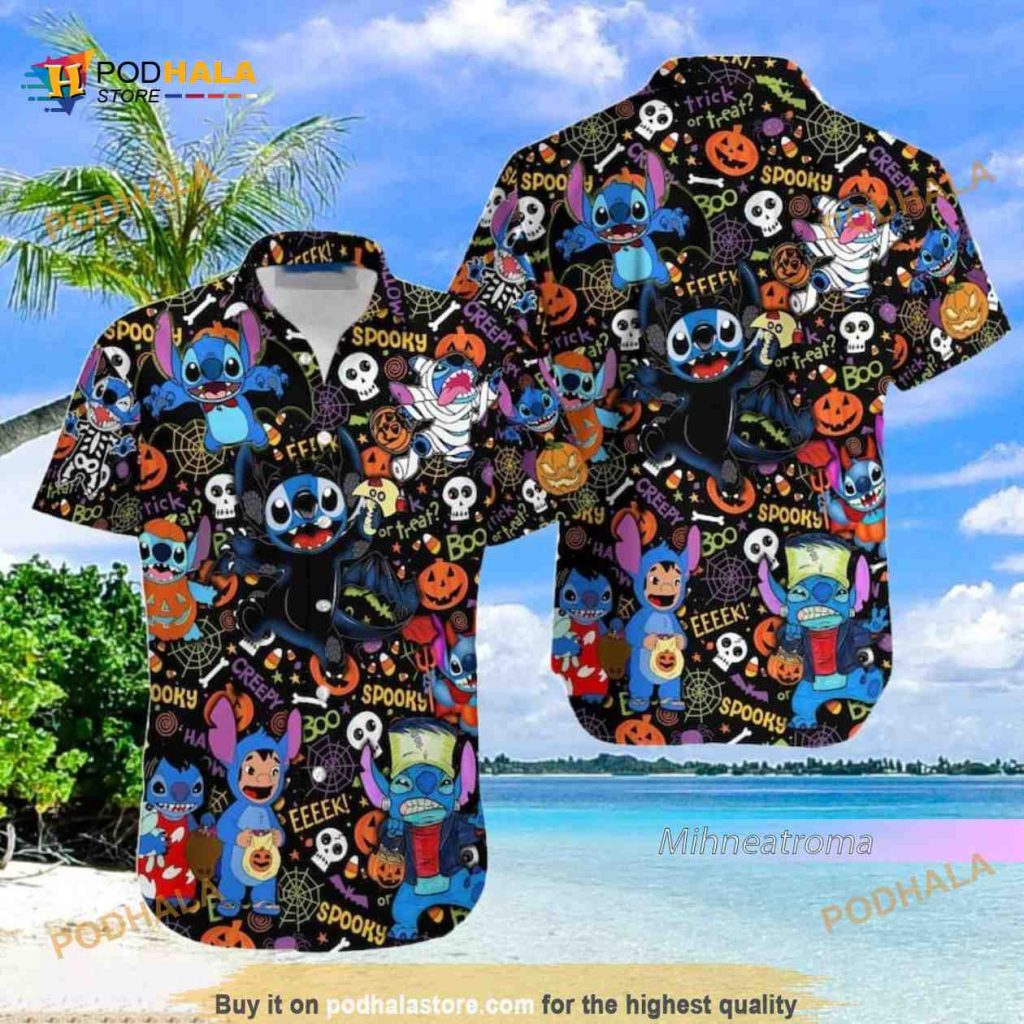 Funny Stitch Halloween Hawaiian Shirt, Anime Halloween Button Up Shirt
