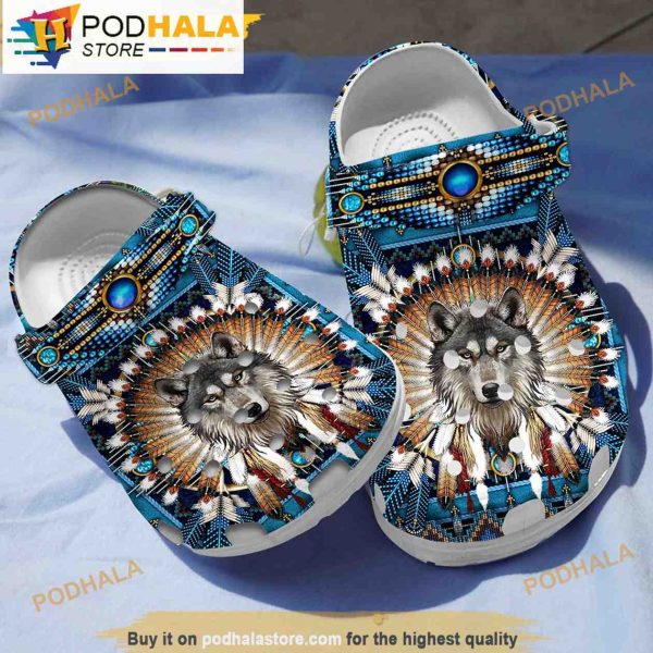 Funny Wolf Blue Native American 3D Funny Crocs Crocband